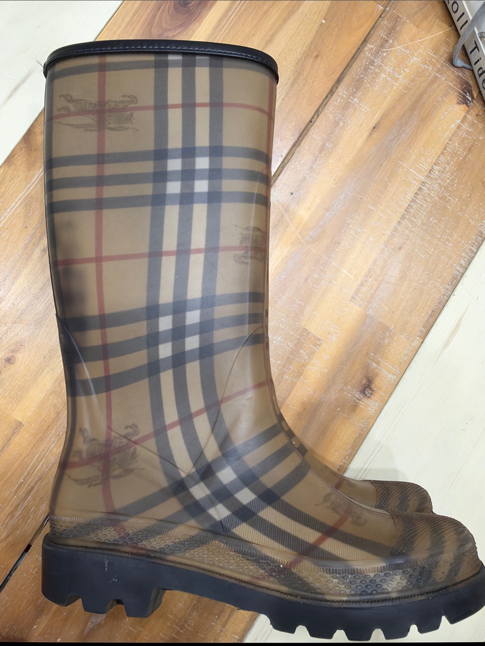 Authentic Burberry Tan Plaid Knee-High Rain Boots - Picture 7 of 11